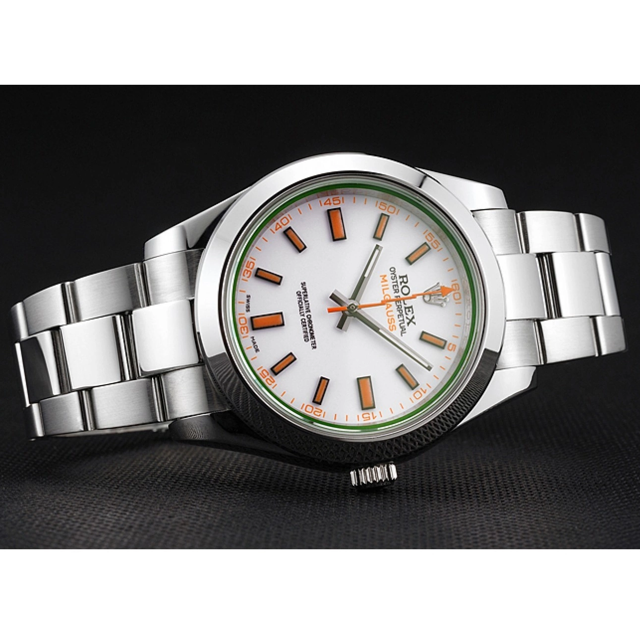 Aaa replica Stainless Case Milgauss White Markings And Orange Steel Bracelet Rolex Swiss Dial 0730
